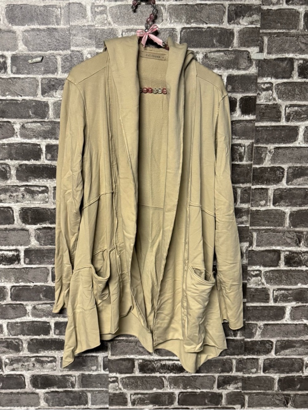 Cut Loose open front hooded cardigan sweater tan pockets